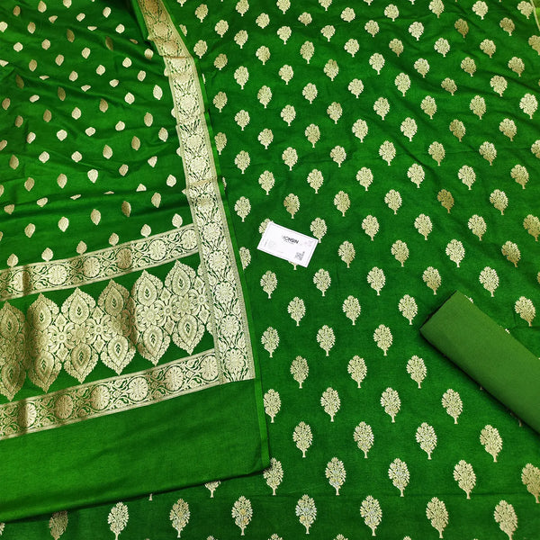 Mehendi Golden Zari Katan Silk Banarasi Suit