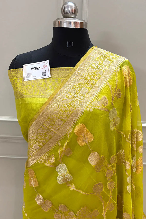 Mehendi Golden Zari Organza Silk Banarasi Saree