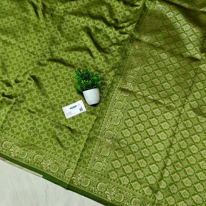 Mehendi Golden Zari Soft Silk Banarasi Saree