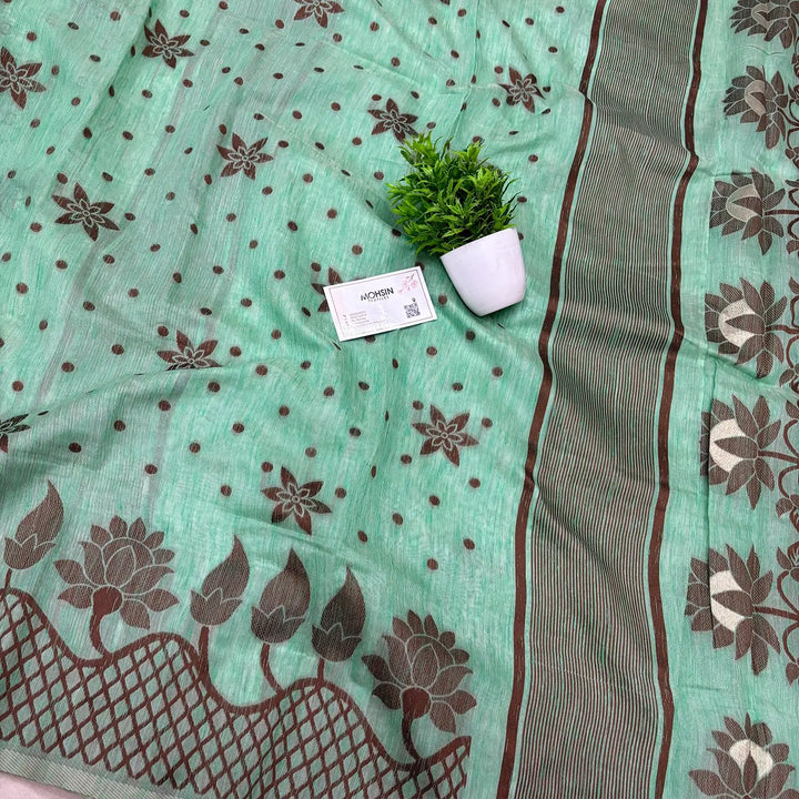 Mint Green Resham Zari Linen Silk Banarasi Saree