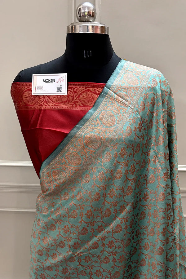 Mint and Maroon Antique Zari Satin Silk Banarasi Saree