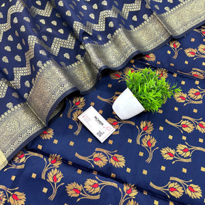 Navy Blue Golden Zari Satin Silk Banarasi Suit