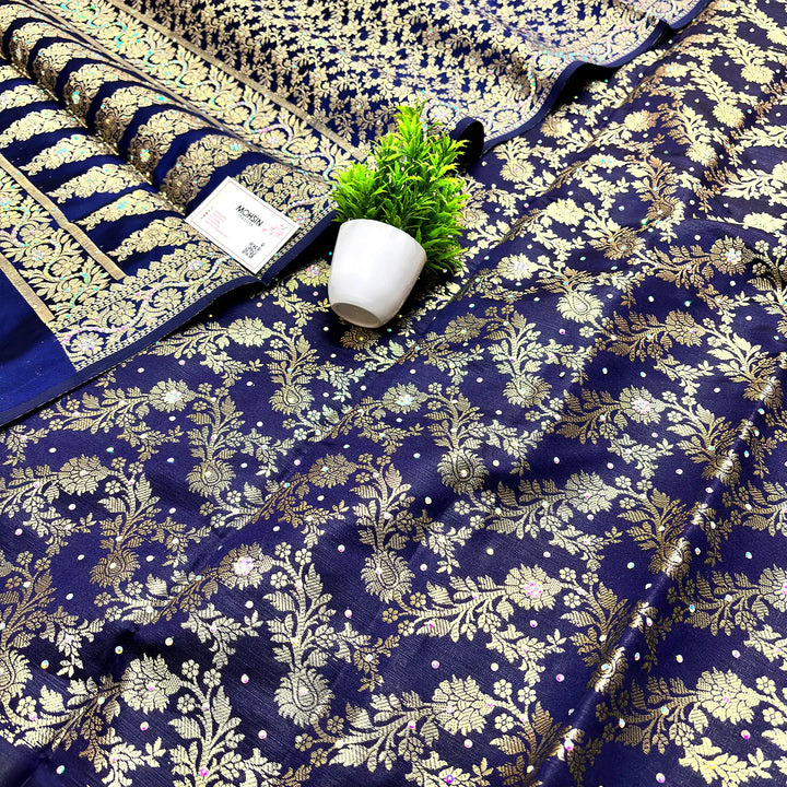 Navy Blue Stone Work Satin Silk Banarasi Suit