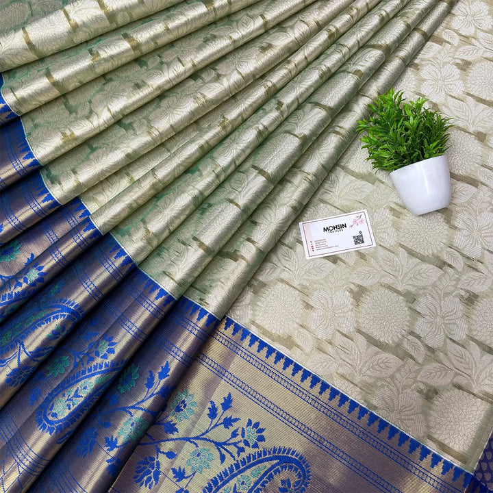 Off White and Royal Blue Contrass Tissue Kanjivaram Saree