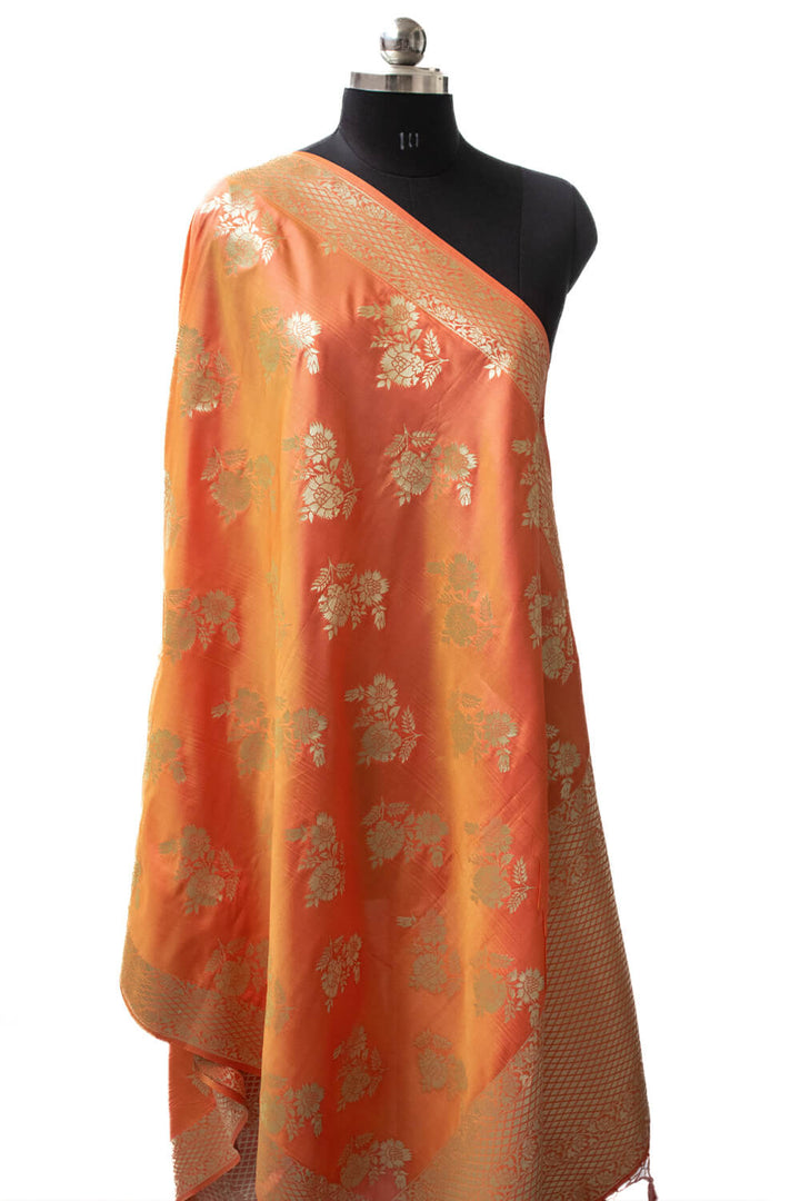 Orange Golden Zari Katan Silk Banarasi Dupatta