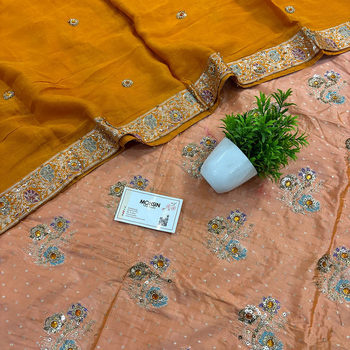 Orange Golden Zari Katan Silk Banarasi Suit