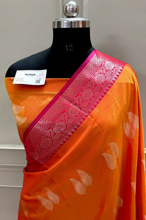 Orange and Mehendi Golden Zari Banarasi Silk Saree