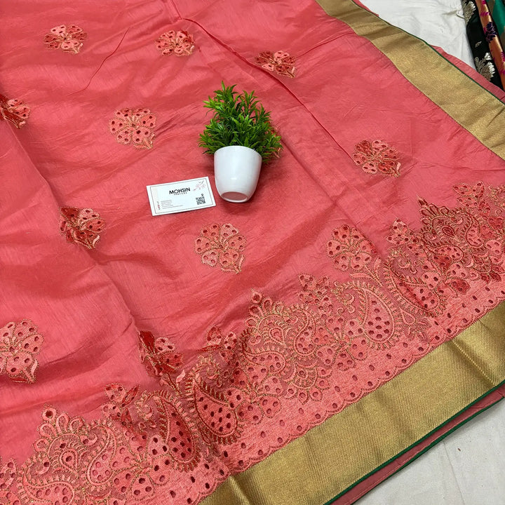 Peach Embroidery Work Cotton Silk Banarasi Saree