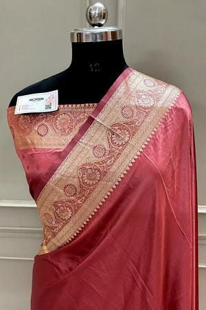 Peach Plain Katan Silk Banarasi Saree