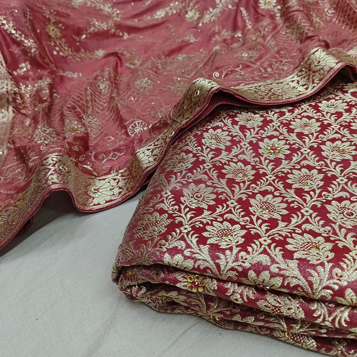 Peach Stone Work Kimkhab Silk Banarasi Gharara