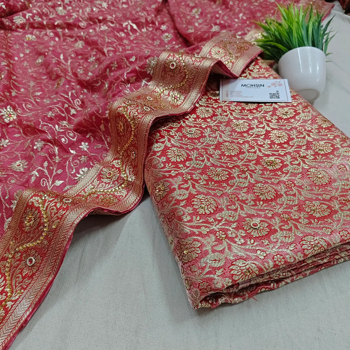 Peach Stone Work Kimkhab Silk Banarasi Gharara