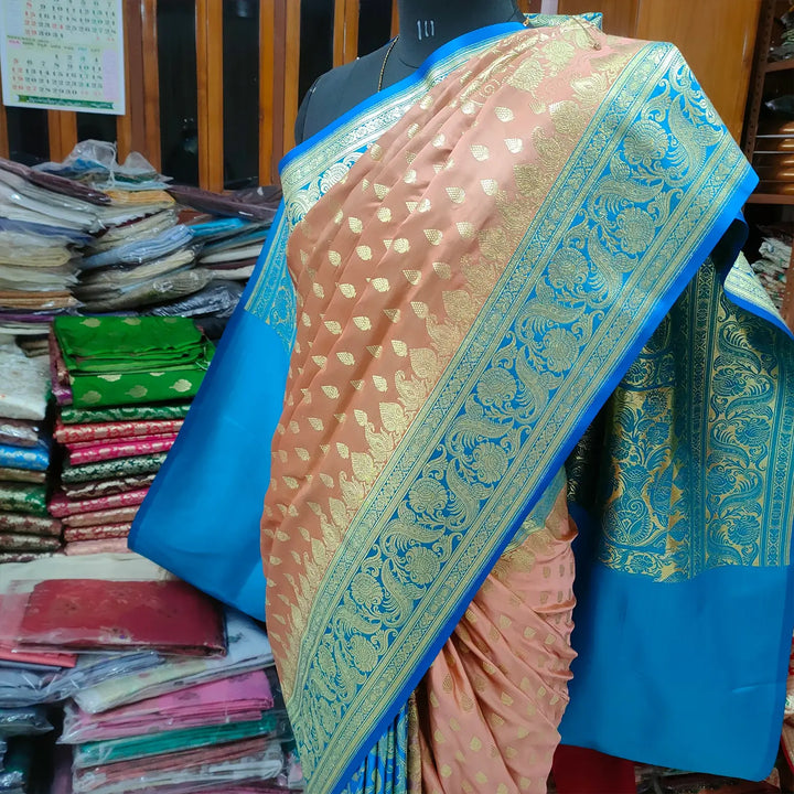 Peach and Blue Katan Silk Banarasi Saree