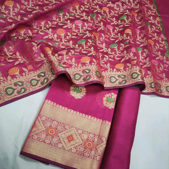 Pink Colorful Meenakari Banarasi Silk Suit