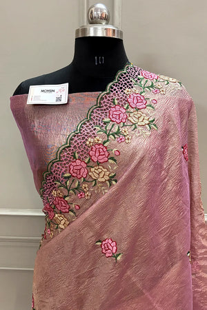 Pink Crush Embroidery Tissue Silk Banarasi Saree