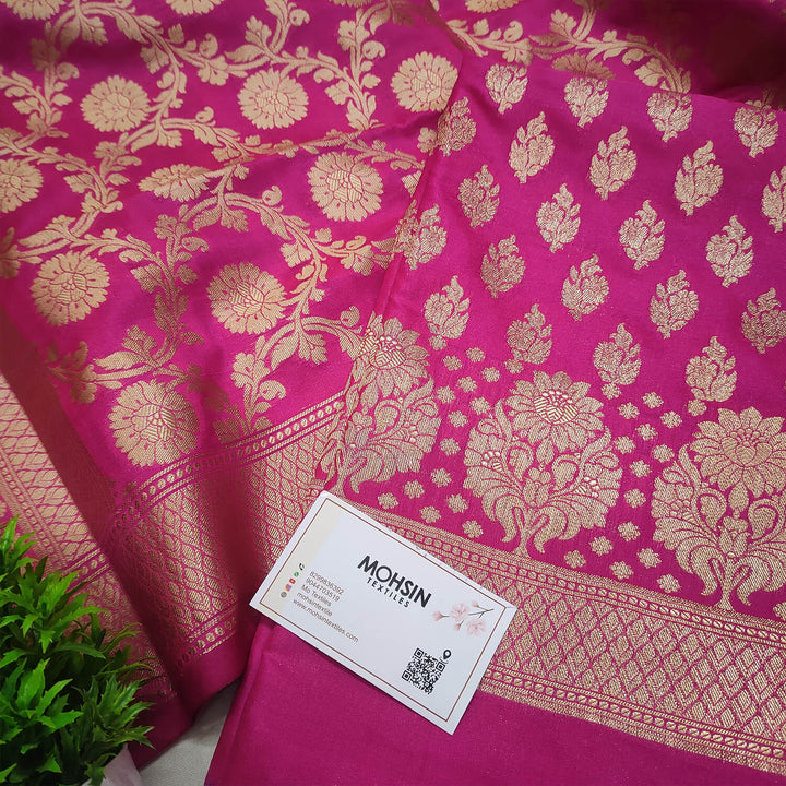 Pink Golden Zari Katan Silk Banarasi Suit
