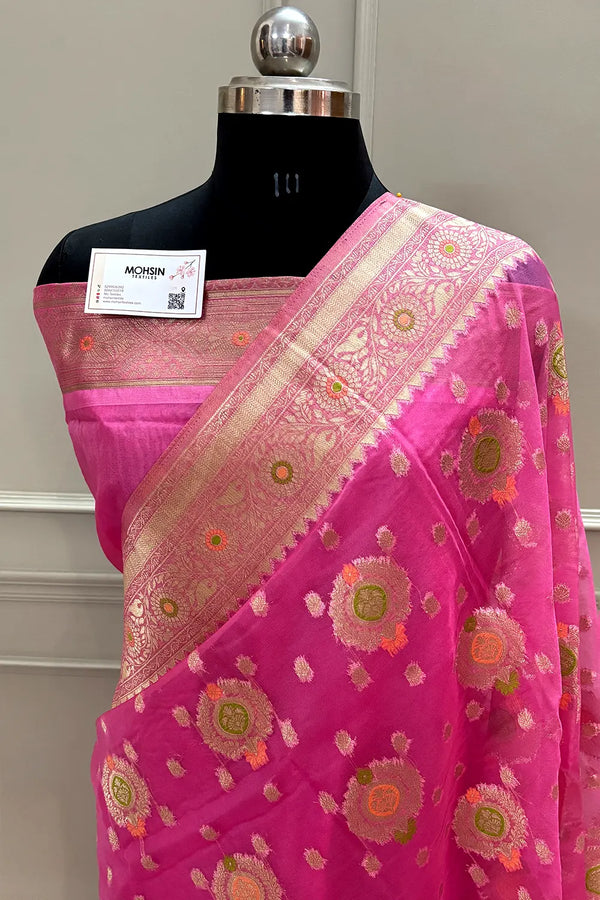 Pink Golden Zari Organza Silk Banarasi Saree