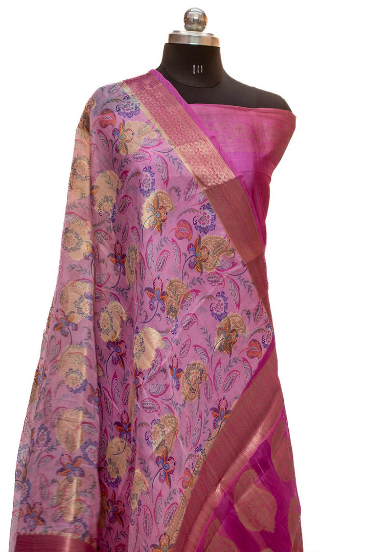 Pink Golden Zari Printed Organza Silk Saree