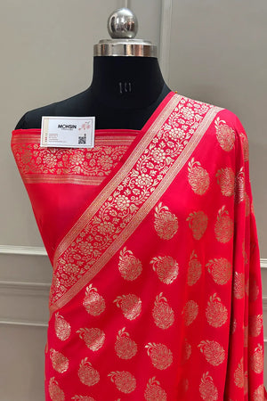 Pink Golden Zari Silky Banarasi Saree