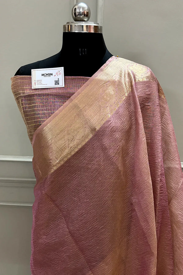 Pink Golden Zari Tissue Silk Banarasi Saree