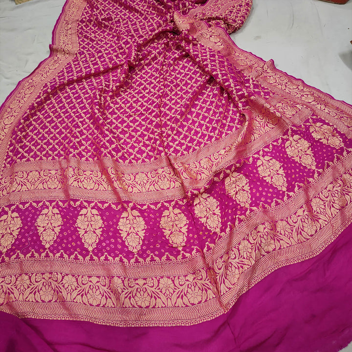 Pink Handloom Bandhej Georgette Banarasi Dupatta