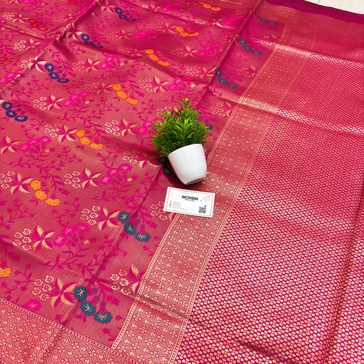 Pink Meenakari Golden Zari Soft Silk Banarasi Saree