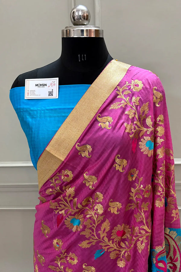 Pink and Firozi Embroidery Silky Banarasi Saree