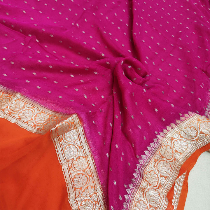 Pink and Orange Handloom Georgette Banarasi Dupatta