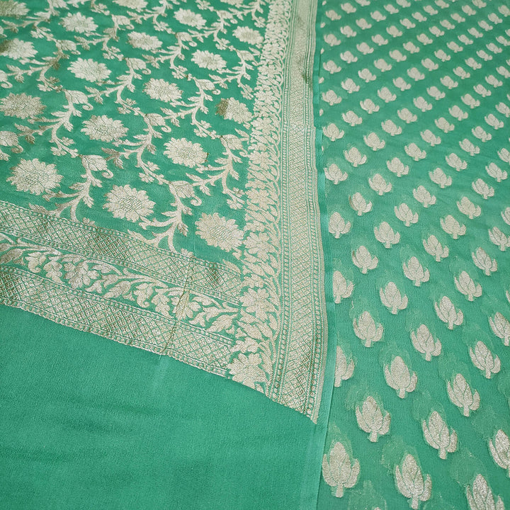 Pista Green Handloom Georgette Silk Banarasi Suit