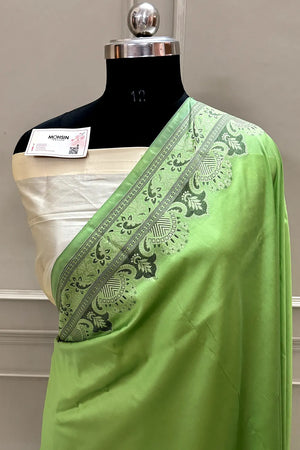 Pista and Beige Plain Resham Silk Banarasi Saree