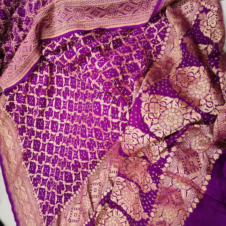 Purple Bandhej Handloom Georgette Banarasi Dupatta