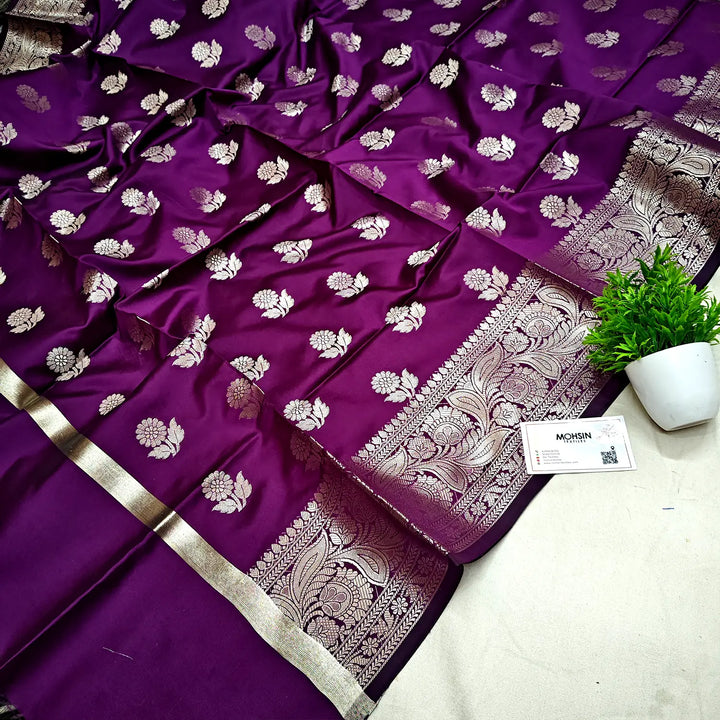 Purple Golden Zari Satin Silk Banarasi Dupatta