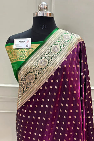 Purple and Green Makkhi Buti Satin Silk Banarasi Saree
