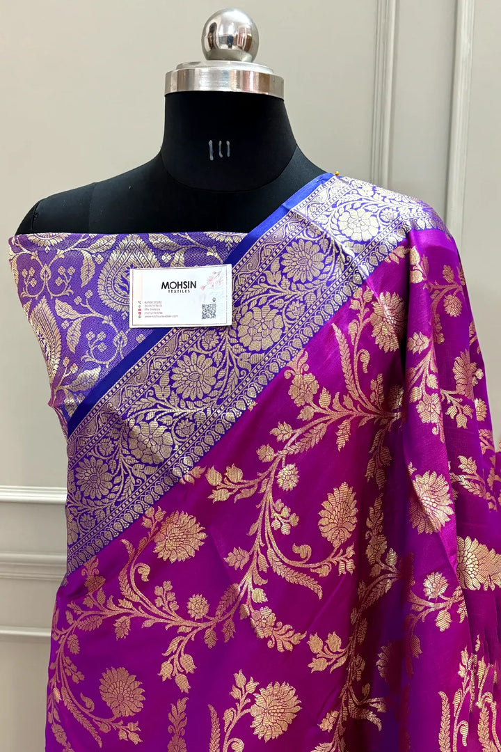 Purple and Royal Blue Morpankhi Jaal Satin Silk Banarasi Saree