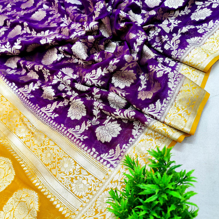 Purple and Yellow Handloom Pure Georgette Silk Banarasi Dupatta