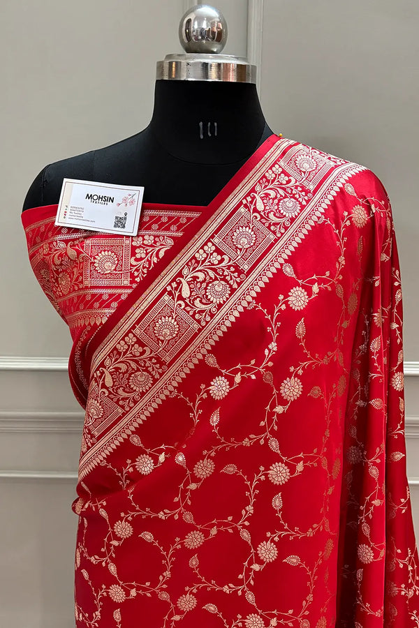 Red Albeli Jaal Katan Silk Banarasi Saree