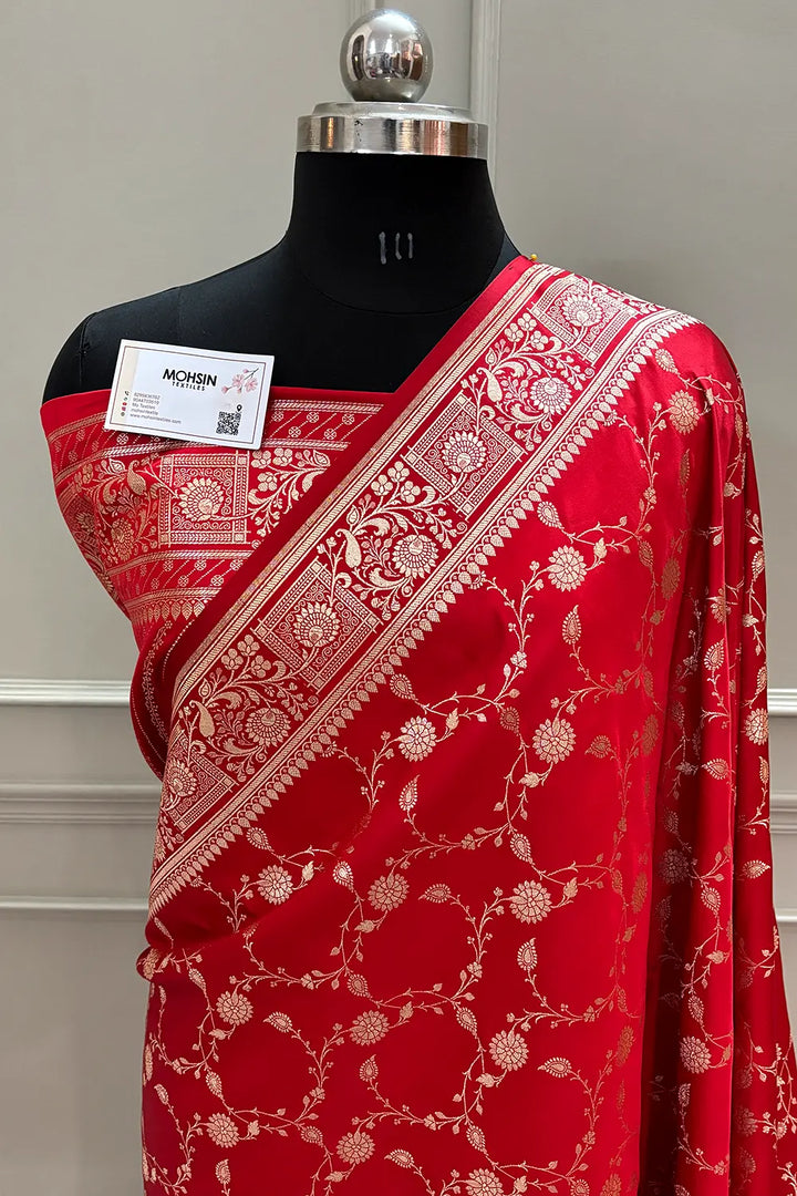 Red Albeli Jaal Katan Silk Banarasi Saree