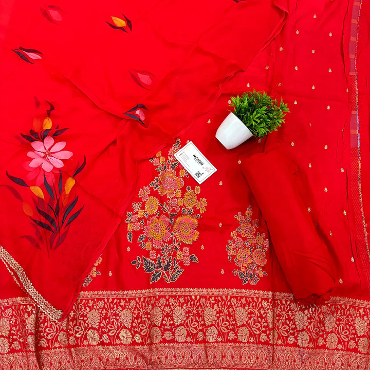 Red Golden Zari Dola Silk Salwar Suit