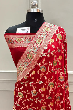 Red Golden Zari Georgette Silk Banarasi Saree