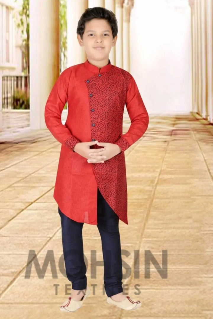 Red Half Print Cotton Silk Boys Kurta Pajama