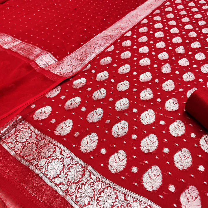 Red Handloom Georgette Silk Banarasi Suit