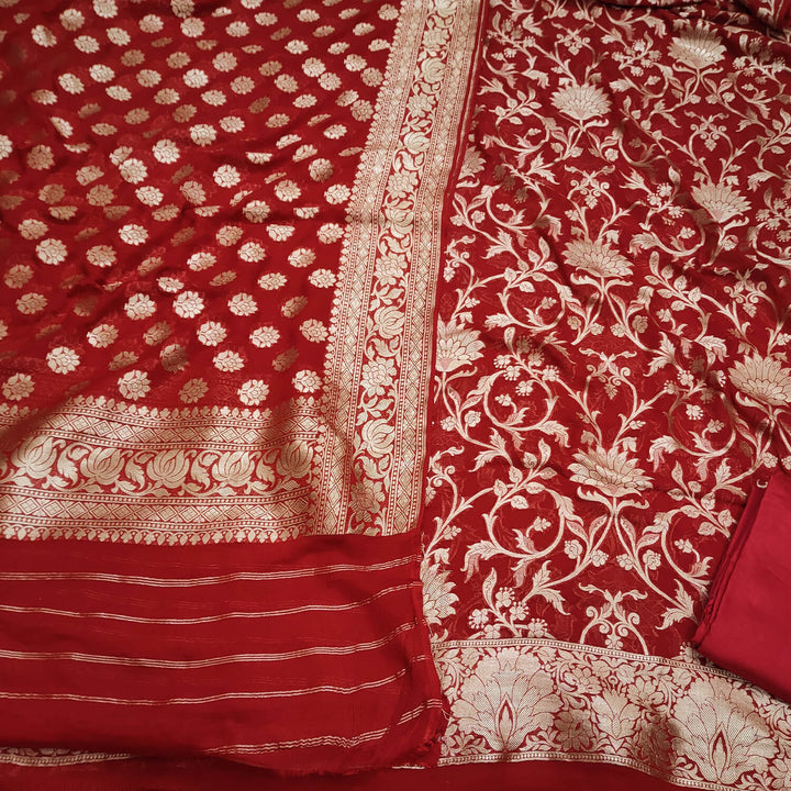 Red Handloom Georgette Silk Banarasi Suit