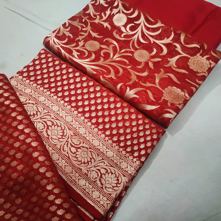 Red Handloom Pure Georgette Banarasi Suit