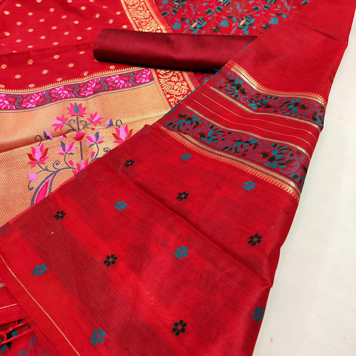 Red Jamdani Tilfi Meenakari Satin Silk Banarasi Suit