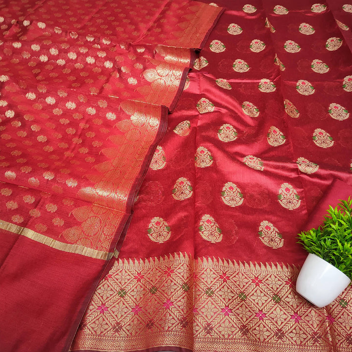 Red Meenakari Golden Zari Banarasi Silk Salwar Suit
