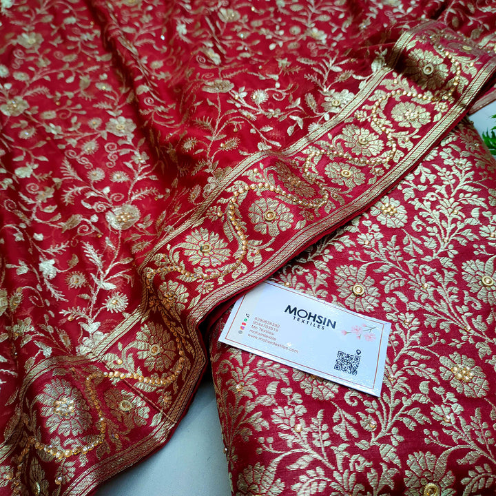 Red Stone Work Kimkhab Silk Banarasi Gharara