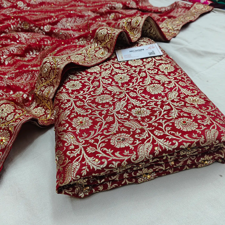 Red Stone Work Kimkhab Silk Banarasi Gharara