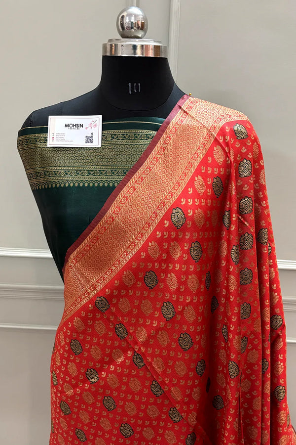 Red and Bottle Green Silky Banarasi Saree