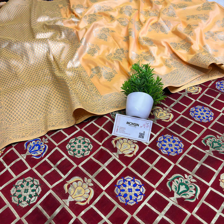 Red and Yellow Golden Zari Katan Silk Banarasi Suit