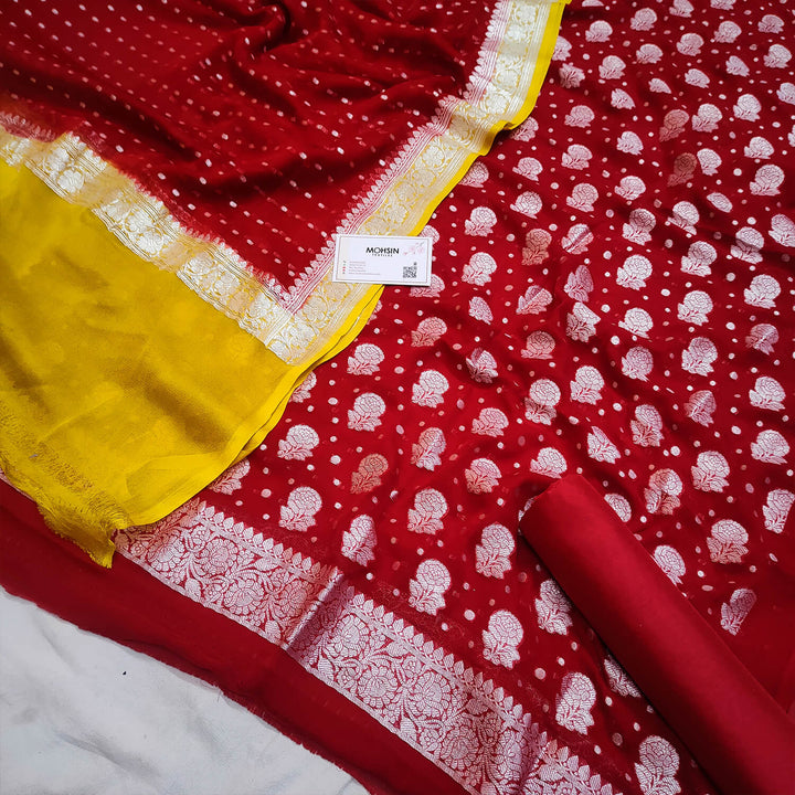 Red and Yellow Multi Handloom Georgette Banarasi Suit