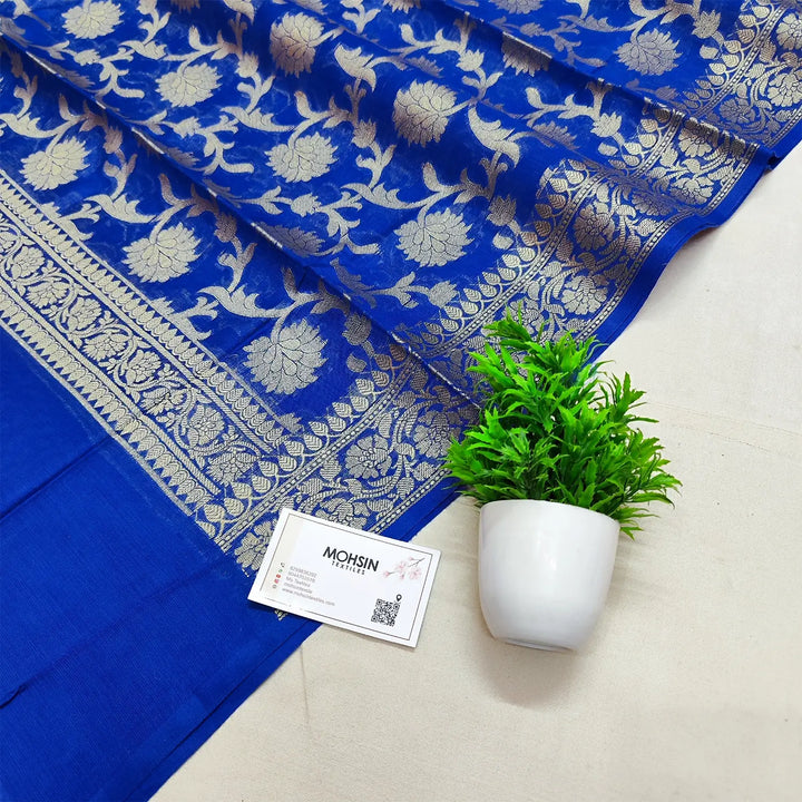 Royal Blue Golden Zari Banarasi Silk Dupatta